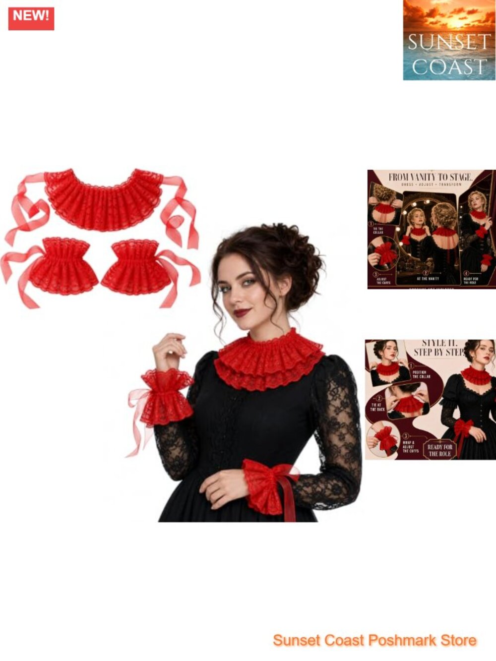 Lace Clown Collar Cuffs Costume Set Victorian Ruffle Accessory 3 Pc
